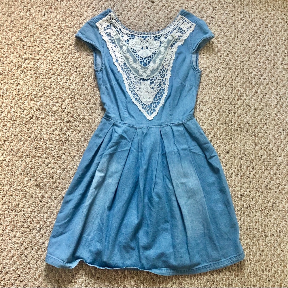 Denim Chambray Lace Panel Dress